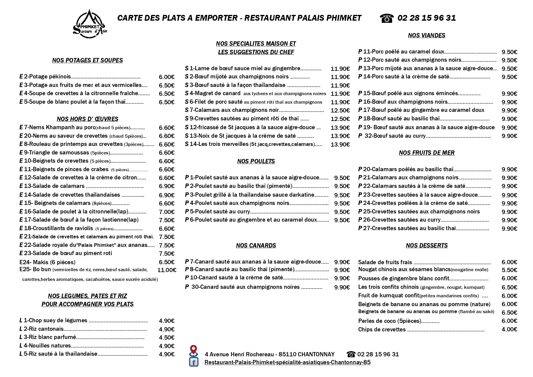 Carte des plats à emporter - Restaurant Palais Phimket